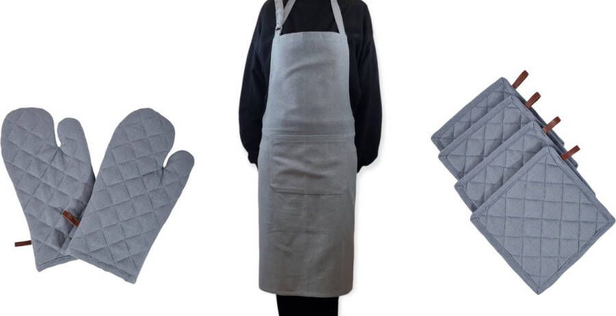 Picnic Richmond Dove Keukenset | 1 schort 2 ovenwanten en 4 pannenlappen | 100% katoen | Blauw Grijs