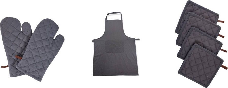 Picnic Richmond Graphite Keukenset 1 keukenschort 2 ovenwanten en 4 pannenlappen 100% katoen Grijs