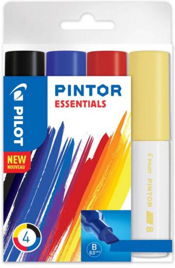Pilot Pintor 4 Kleuren Verfstiften Set Essentials Set Brede markers met 8.0mm beitelpunt Inkt op waterbasis Dekt op elk oppervlak zelfs de donkerste Teken kleur versier markeer schrijf kalligrafeer…