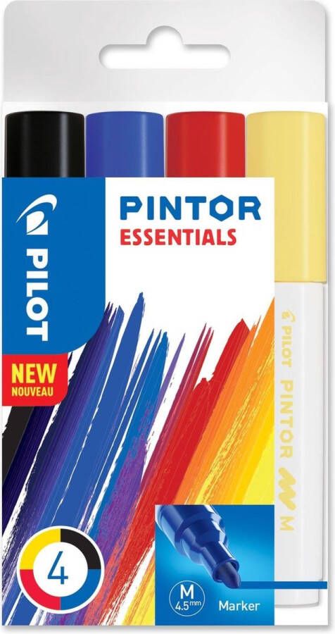 Pilot Pintor 4 Kleuren Verfstiften Set Essentials Set Medium marker met 4 5mm punt Inkt op waterbasis Dekt op elk oppervlak zelfs de donkerste Teken kleur versier markeer schrijf kalligrafeer…