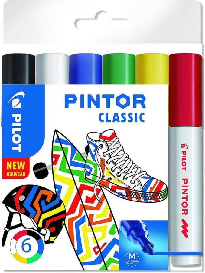 Pilot Pintor 6 Kleuren Verfstiften Set Classic Set Medium marker met 4 5mm punt Inkt op waterbasis Dekt op elk oppervlak zelfs de donkerste Teken kleur versier markeer schrijf kalligrafeer…