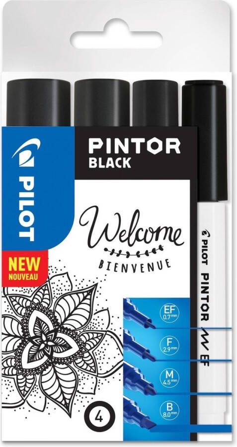 Pilot Verfstift pintor assorti breedtes zwart Etui a 4 stuk