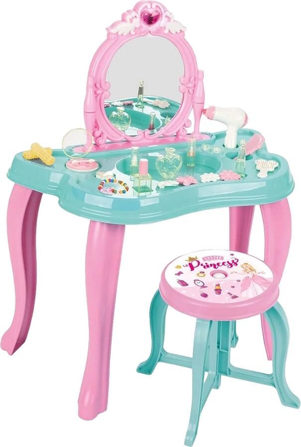 Pilsan Magic Speelgoed Make-uptafel Tafel Met Spiegel En Kruk + Accessoires Met Geluid Lila Roze Mintgroen 21-delig
