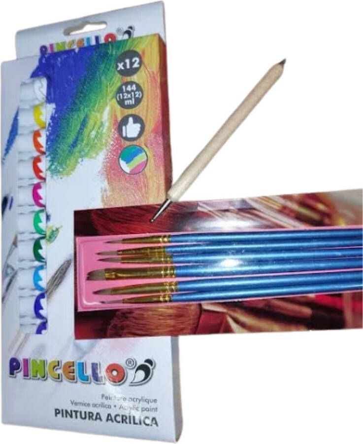 Pincello Schilderset acrylverf | 12-delig | 6 verschillende pencelen | dotpen | verfpakket | starterskit