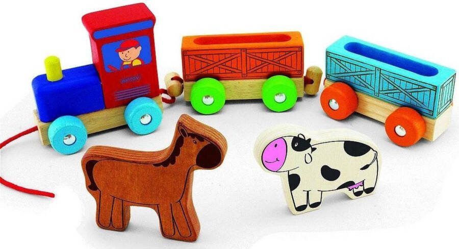 Pintoy Houten Dierentrein met Boerderijdieren Educatief Speelgoed voor Kinderen vanaf 18 Maanden 34x10x6 cm