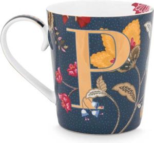 PiP Studio alfabetmok P Floral Fantasy blue mok 350ml donkerblauw lettermok P porselein