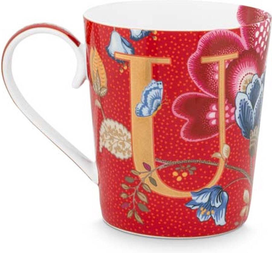PiP Studio alfabetmok U Blushing Birds red mok 350ml porselein lettermok U bloemen