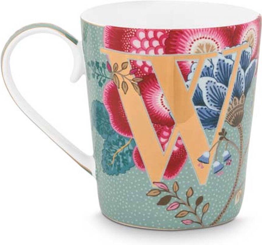 PiP Studio alfabetmok W Floral Fantasy blue mok 350ml lichtblauw bloemen lettermok W porselein
