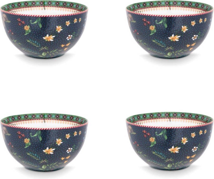 Pip Studio Berry Blues Blue kommen set van vier 15cm Donkerblauw bloemen porselein