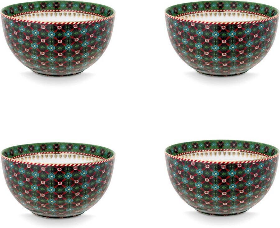 Pip Studio Berry Blues Clover Green set van 4 kommen 12cm porselein ruitjespatroon