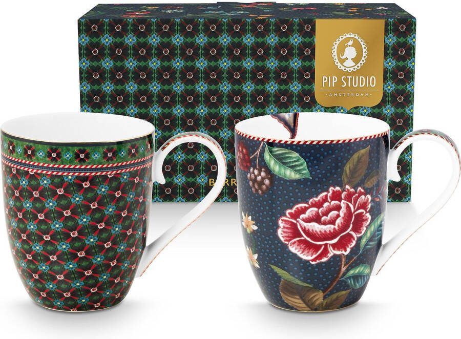 Pip Studio Berry Blues mokken set XL 450ml een set van twee mokken donkerblauw met bloemen