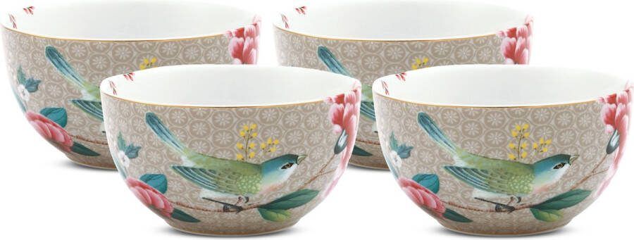 Pip Studio Blushing Birds Kommen Khaki Porselein Set van 4 12cm