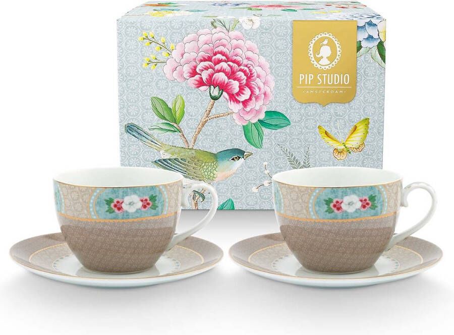 Pip Studio Blushing Birds 280ml cappuccinokop- en schotel set van 2 (Kleur: khaki)