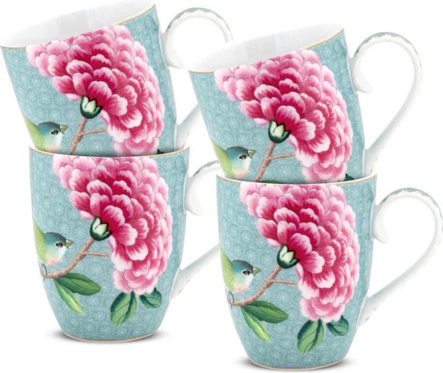 Pip Studio Blushing Birds Mokken met Oor Blauw Porselein Set van 4 350ml