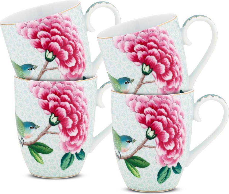 Pip Studio Blushing Birds Mokken met Oor Wit Porselein Set van 4 350ml