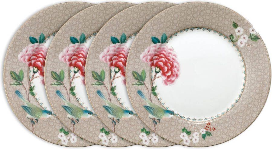Pip Studio Blushing Birds Ontbijtborden Khaki Porselein Set van 4 21cm