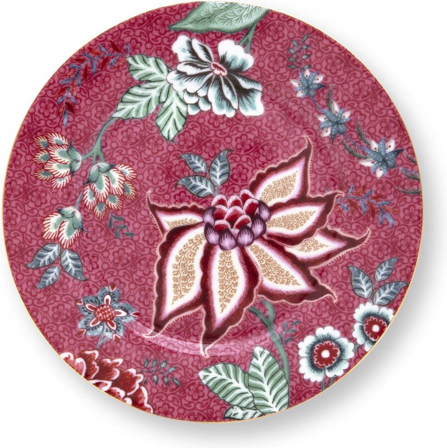 PiP Studio Flower Festival gebaksbord dark pink donker roze bord bloemen porselein ⌀ 17cm