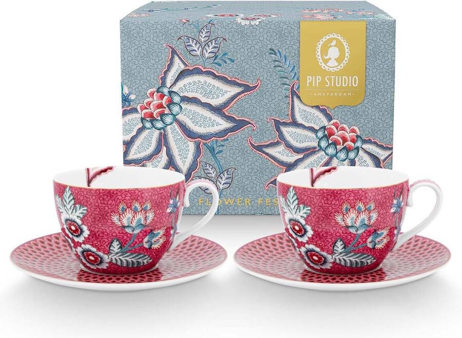 PiP Studio set van cappuccino tassen met onderbordje flower festival dark pink 280ml roze kop en schotel