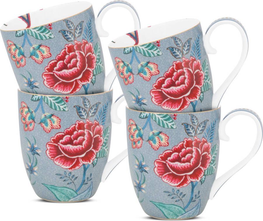 Pip Studio Flower Festival Mokken met Oor Lichtblauw Porselein Set van 4 450ml