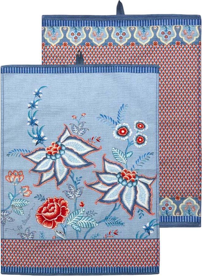 Pip Studio Flower Festival Scallop Theedoeken Blauw Rood Katoen Set van 2 50x70cm