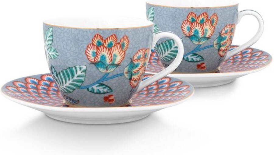 Pip Studio Flower festival Set van 2 espresso kop & schotel lichtblauw 120ml