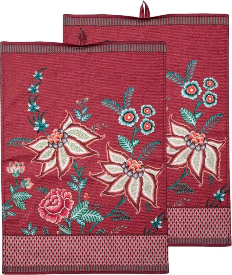 Pip Studio Flower Festival Theedoeken Donker Roze Katoen Set van 2 50x70cm