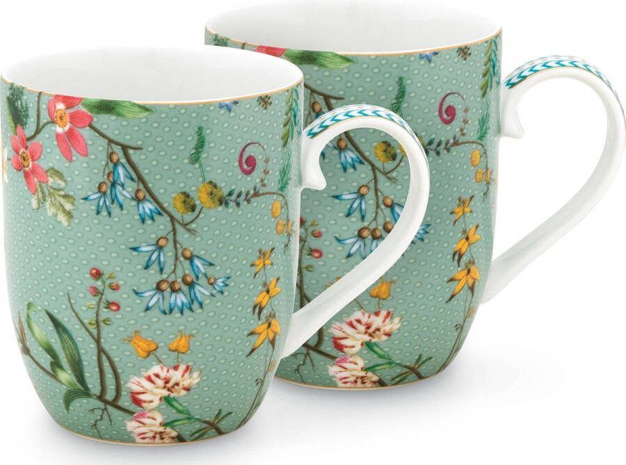 PiP Studio Jolie Set 2 tassen Flowers Small 145ml mokken klein bloemen groen