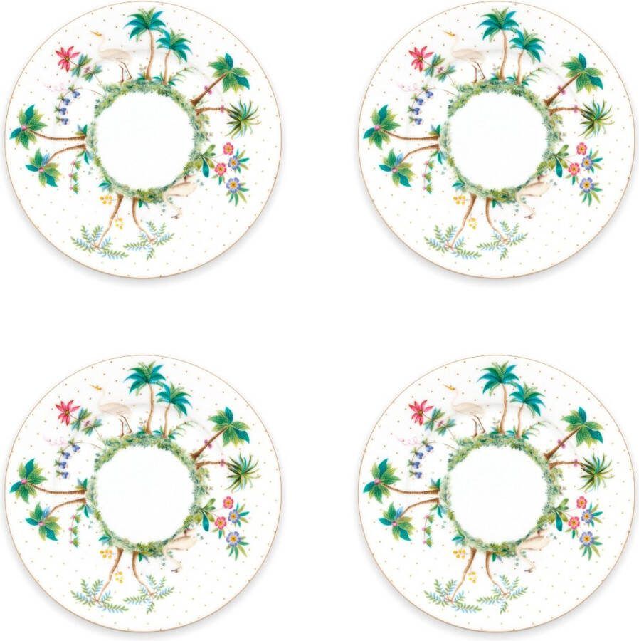 Pip Studio Jolie set van vier gebaksborden 17cm Porselein wit met tropische illustratie Heron