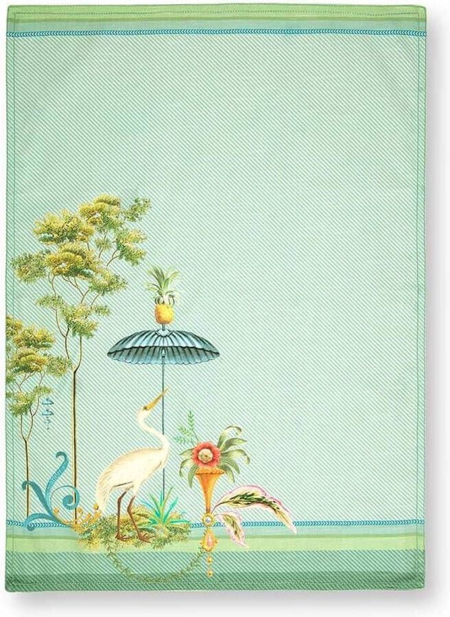 PiP Studio Jolie theedoek groen 100% katoen tropische bloemen heron