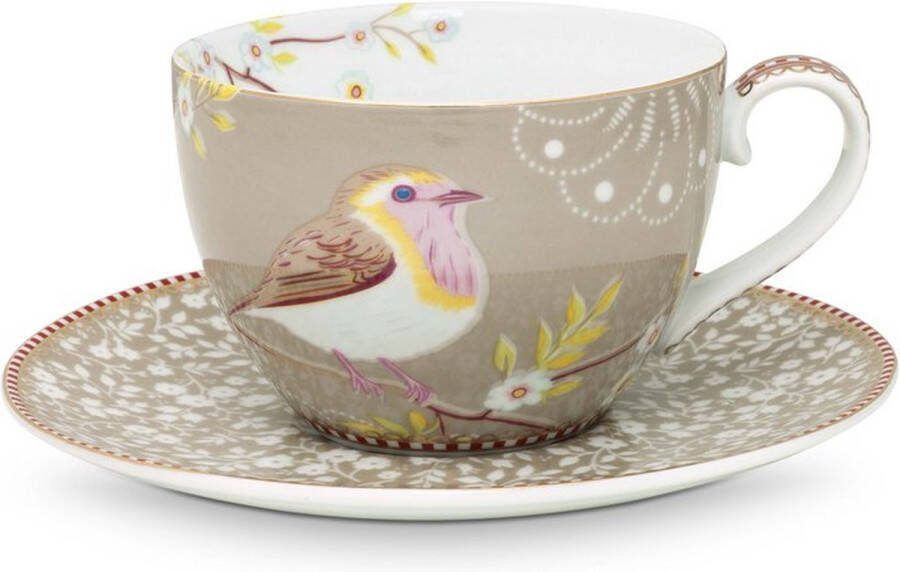 Pip Studio Floral cappuccinokop en schotel (Kleur: khaki)