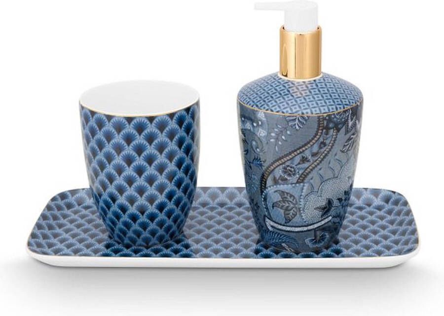 Pip Studio Kyoto Festival Badkamer set Drinkbeker Zeeppompje Badkamerschaal Blauw Set van 3