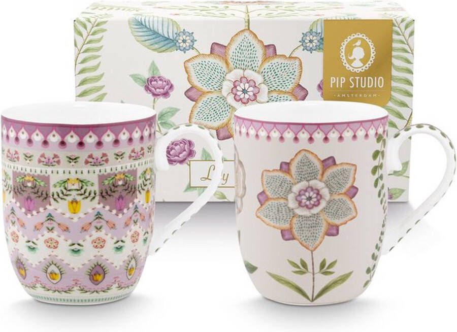 Pip Studio Lily & Lotus mok set 2 145ml kleine bekers van 145 ml lila porselein vaatwasserbestendig