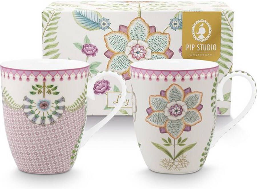 Pip Studio Lily & Lotus mok set 2 350ml set van 2 Large bekers Lily & Lotus Lila porselein Vaatwasserbestendig