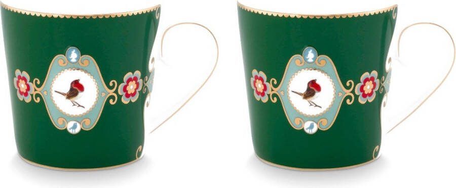 Pip Studio Love Birds Dark Green mokjes set van twee 150ml porselein set van 2 kleine donkergroene mokjes