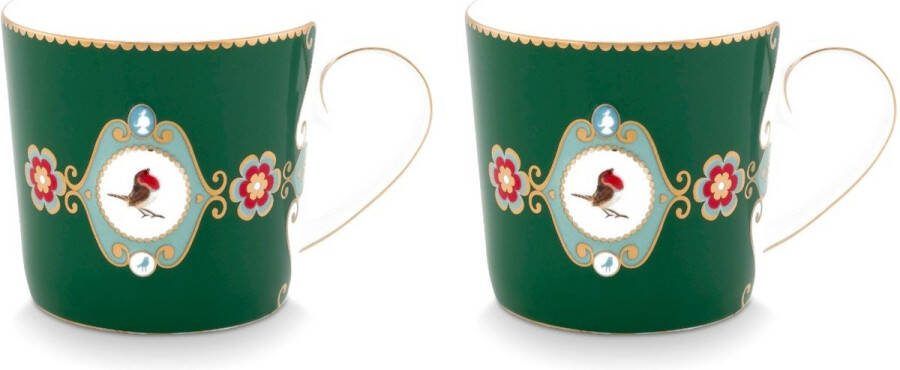 Pip Studio Love Birds Dark Green mokken set van twee 250ml porselein set van 2 donkergroene mokjes
