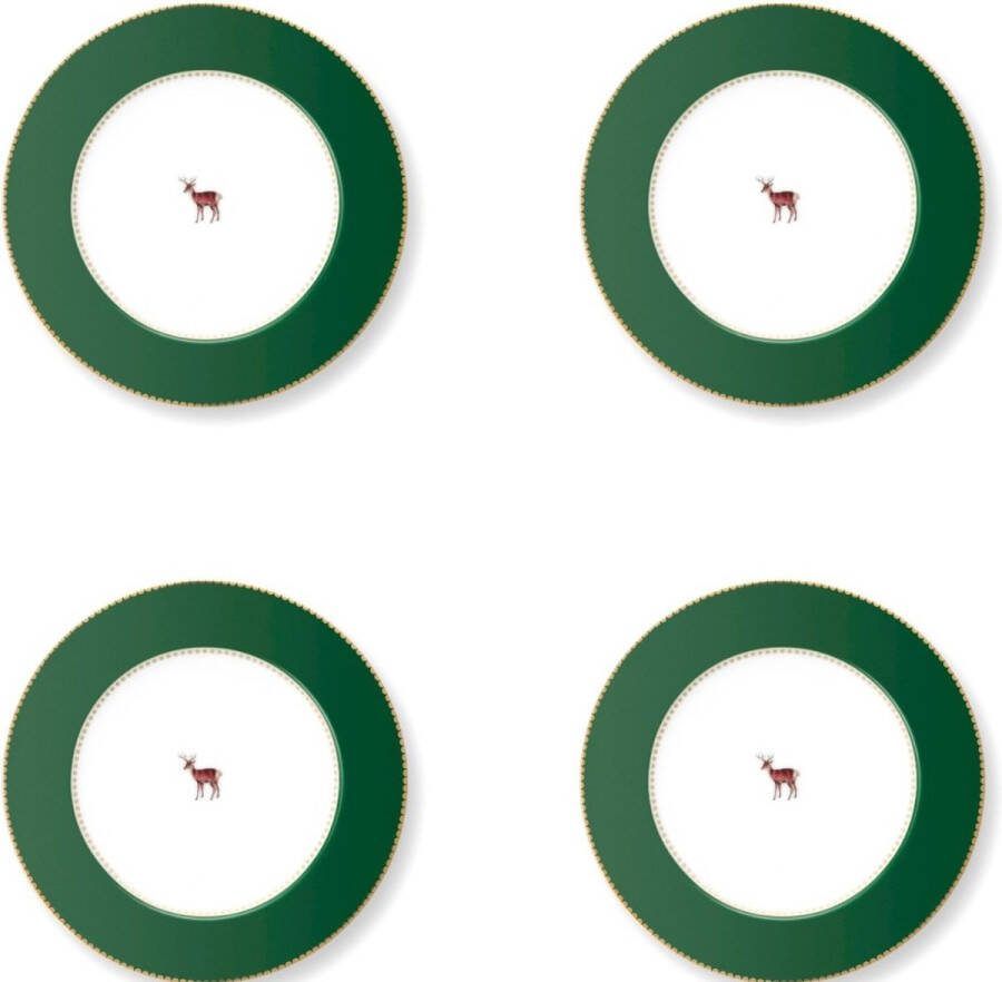Pip Studio Love Birds Dark Green ontbijtborden set van vier 21cm porselein hert donkergroene rand
