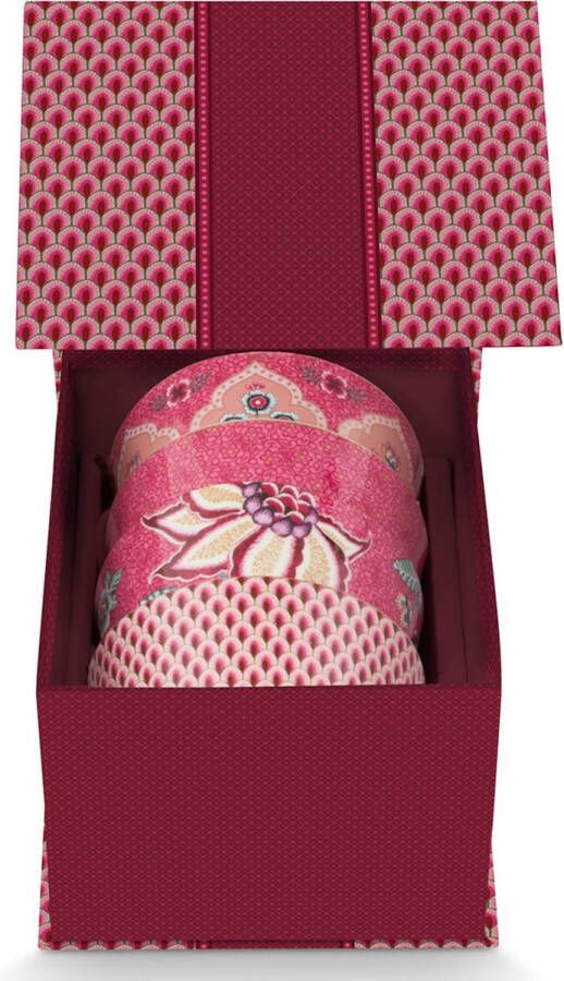 Pip Studio oriental flower dark pink cadeauset van 4 bowls 12cm assortie