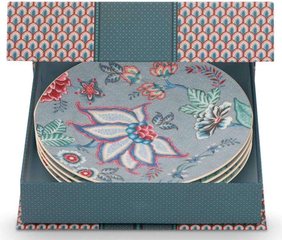 Pip Studio oriental flower festival blauw cadeauset van 4 gebakbordjes 17cm gebaksbord blauw