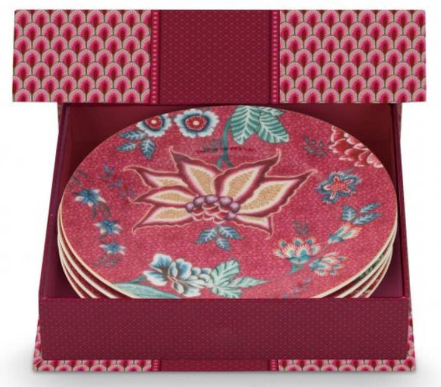 PiP Studio oriental flower festival dark pink set van 4 bordjes 17cm roze gebaksbordjes cadeauset
