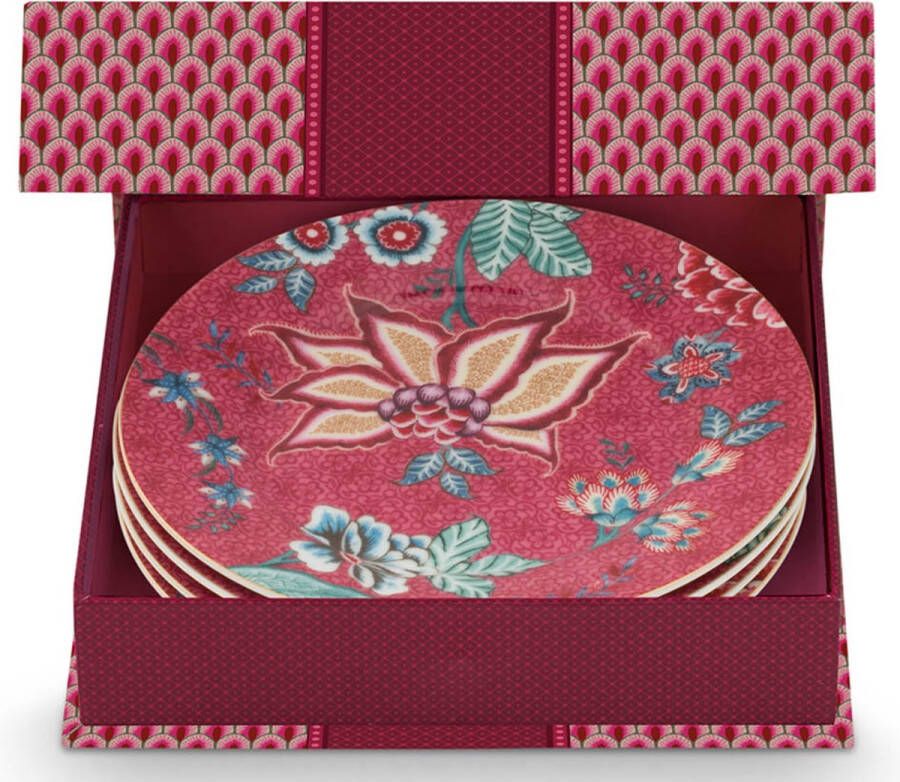 Pip Studio oriental flower festival dark pink set van 4 bordjes 17cm roze gebaksbordjes cadeauset