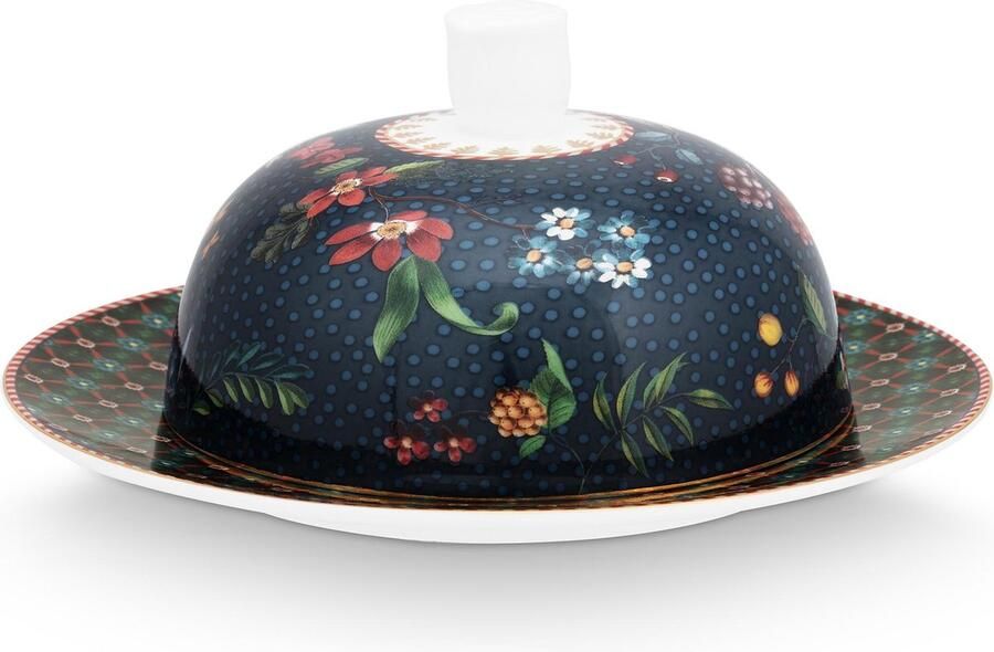 Pip Studio Berry Blues Blue botervloot rond met losse deksel donkerblauw met bloemen en bessen