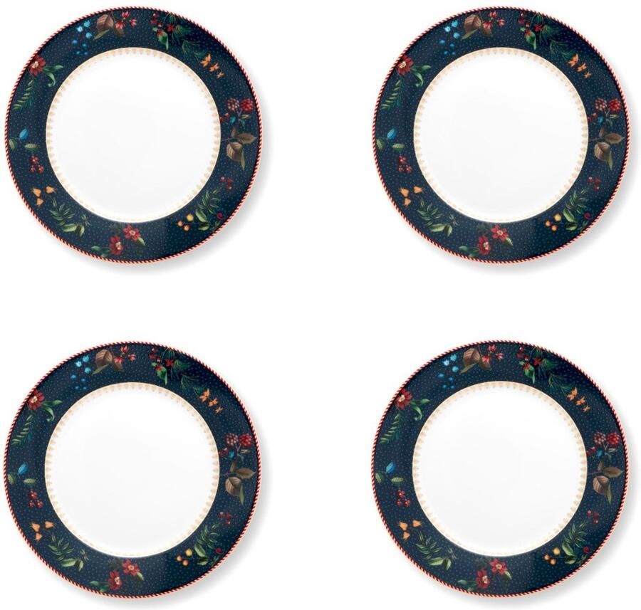 Pip Studio Berry Blues Blue Ontbijtborden set van vier porselein donkerblauw bloemen