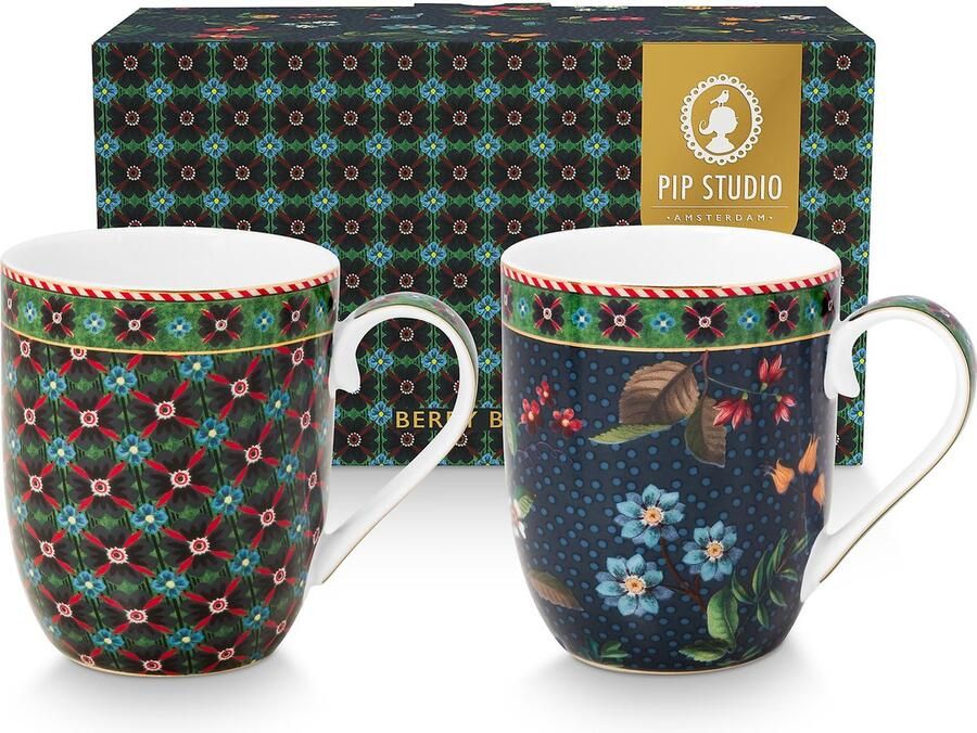 Pip Studio Berry Blues mokken set van twee 145ml porselein mokjes Smal Senseo donkerblauw bloemen