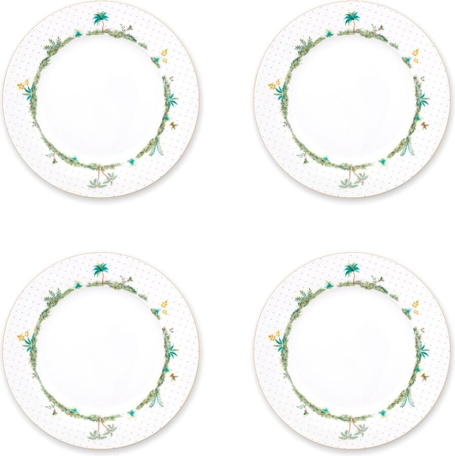 Pip Studio Jolie set van vier dinerborden 26.5cm porselein wit tropische illustratie gouden stippen