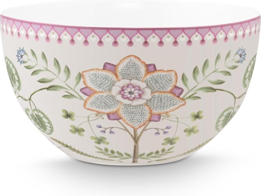 Pip Studio Lily & Lotus kom ⌀18cm Off White witte kom met lila lotusbloem serveerschaal porselein vaatwasserbestendig