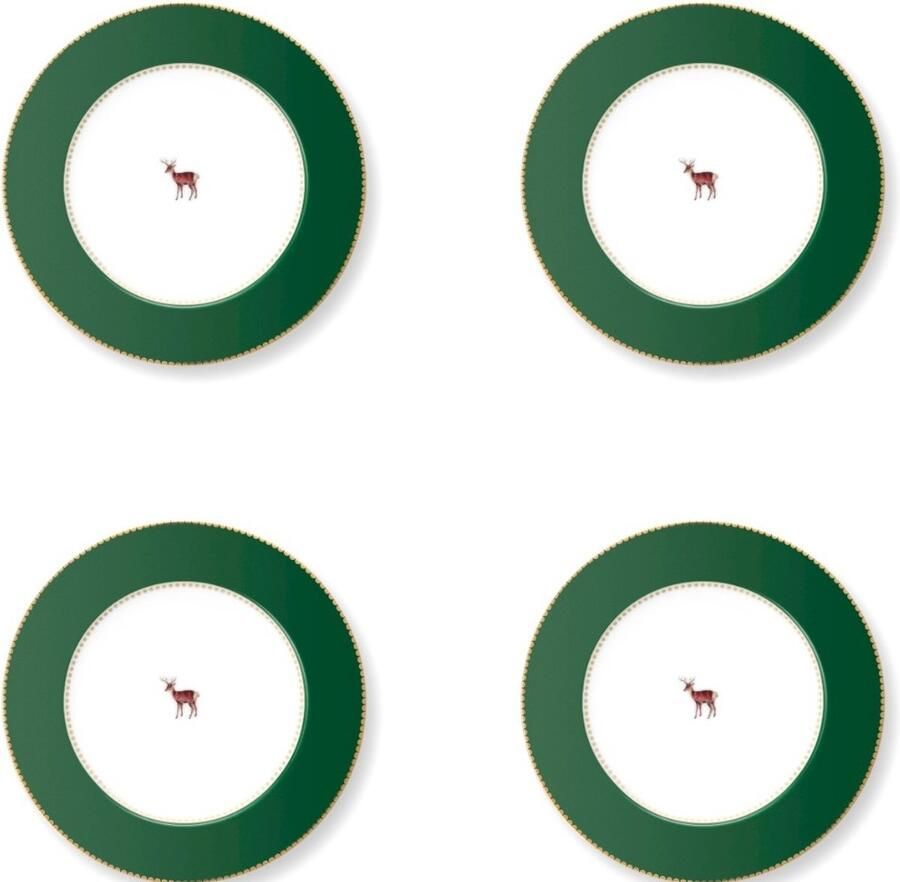 Pip Studio Love Birds Dark Green set van vier dinerborden porselein donkergroen met hert
