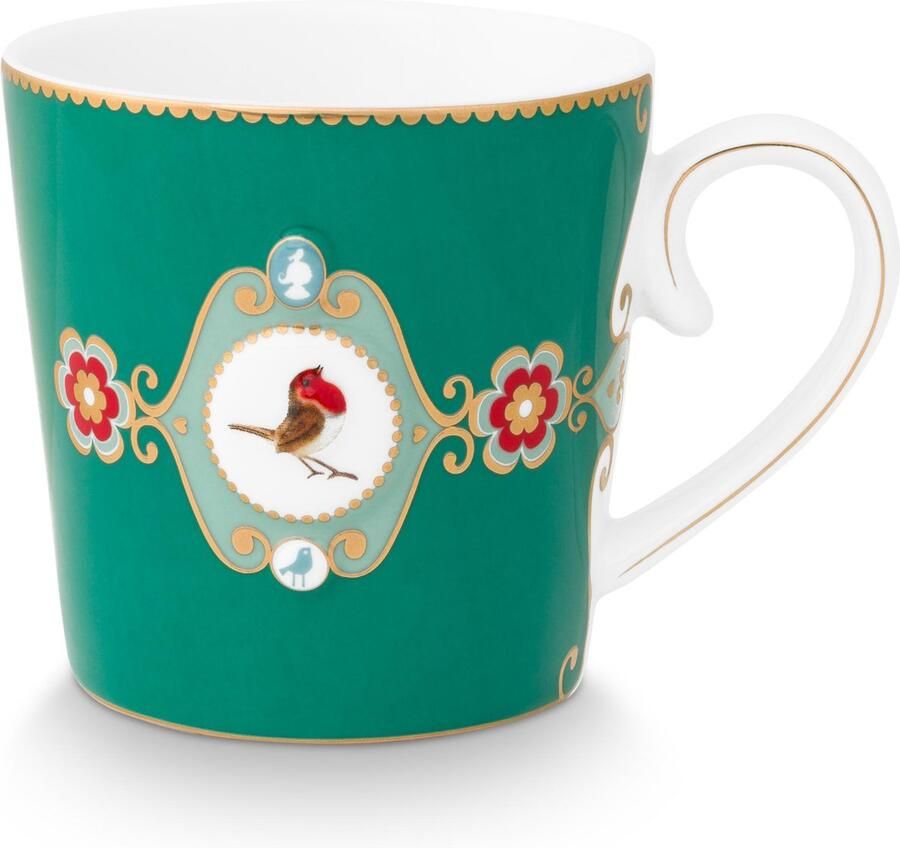 Pip Studio Love Birds Groen mok 250ml emerald green mokje porselein roodborstje medallion