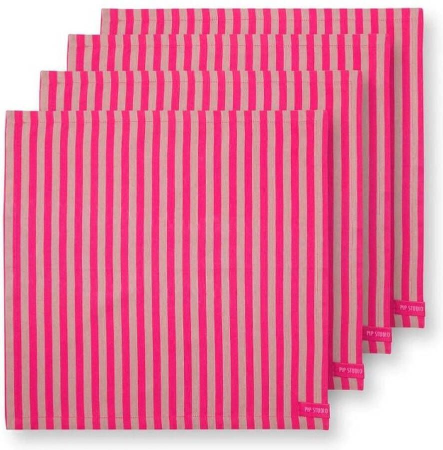 Pip Studio Servet Stripes Pink Set van VIER 40 x 40 cm katoen