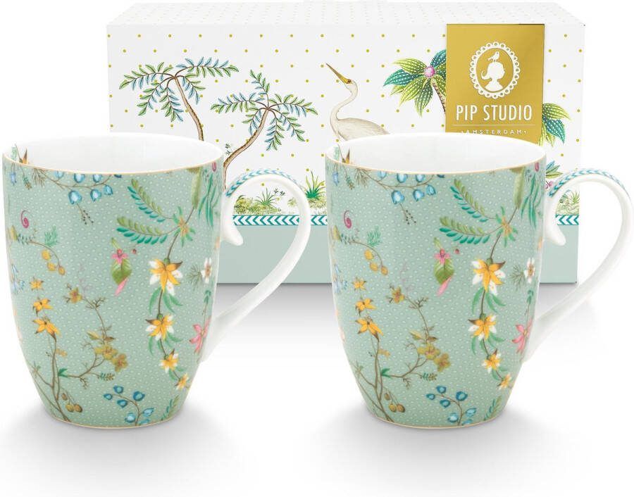 Pip Studio . Set van 2 grote mokken Jolie Flowers Blue 350ml