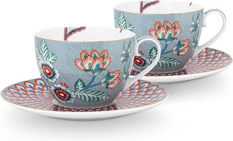 Pip Studio Flower Festival Kop en Schotel Lichtblauw Porselein Set van 2 280ml